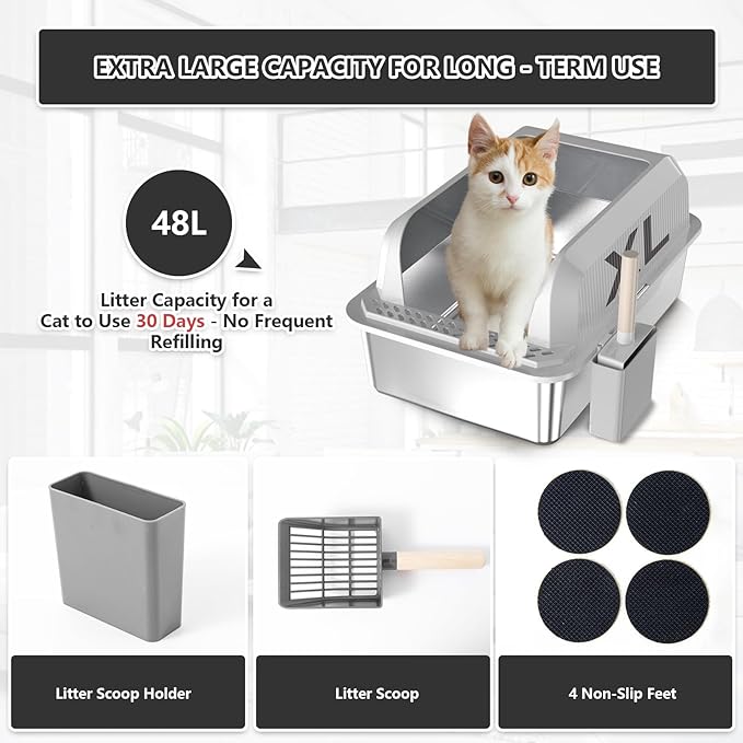 Stainless Steel Cat Litter Box with Lid Extra Large Metal Pan Tray with Enclosed High Sides for Big Cats Multi-Cat, XL Non-Stick Anti-Leakage Easy Cleaning Includes Scoop(Grey)