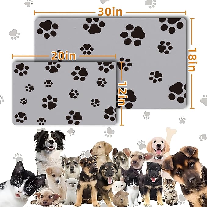 18×30in Pet Feeding Mat Dog Cat Food Mat for Floors Waterproof Food and Water Bowl Mats for Indoor Absorbent Non-Slip Dog Food Mat Quick Dry Pet Food Mats Light Gray