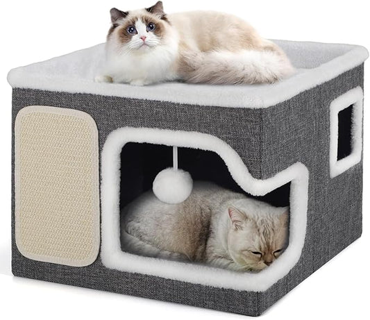 Cat Beds for Indoor Cats, Large Cat Cave with Cozy Hideout, Scratch Pad, Fluffy Ball Hanging, Foldable Cat Hideaway Hold Up to 30LBS, Indoor Cat House with Reversible Soft Cushions for All Seasons