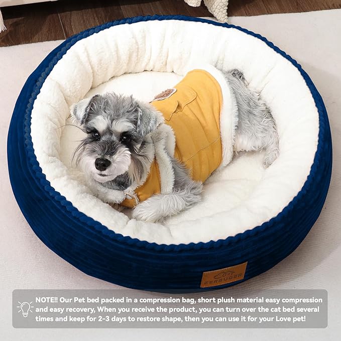 23in Round Cat Dog Bed for Large Medium Small Dogs Cats, Machine Washable Sleeping Sofa, Non-Slip Bottom Breathable Soft Calming Pet Cuddler for Indoor/Outdoor/Car/Cage, Navy Blue