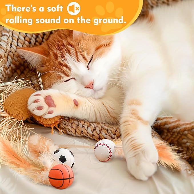 6 Pack Interactive Cat Ball Toys,Bouncy Ball with Natural Feathers for Indoor Cats and Kittens,Elastic Cat Toy Balls for Cats Playing Exercise
