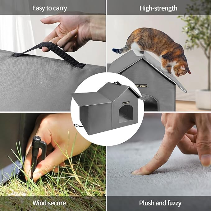 Rest-Eazzzy Cat House for Indoor and Outdoor in Summer,Feral Cat House Insulated with Mat,Clip and portable handle,Weatherproof and easy Installation,Bed for Kitten and Puppie,Never Blow Away(Grey, M)