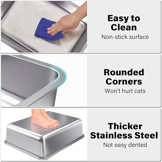 Stainless Steel Litter Box, Medium Metal Litter Box for Cat,Easy Clean Non Stick Easy Entry No Smell Metal Litterbox for Kitty/Rabbits