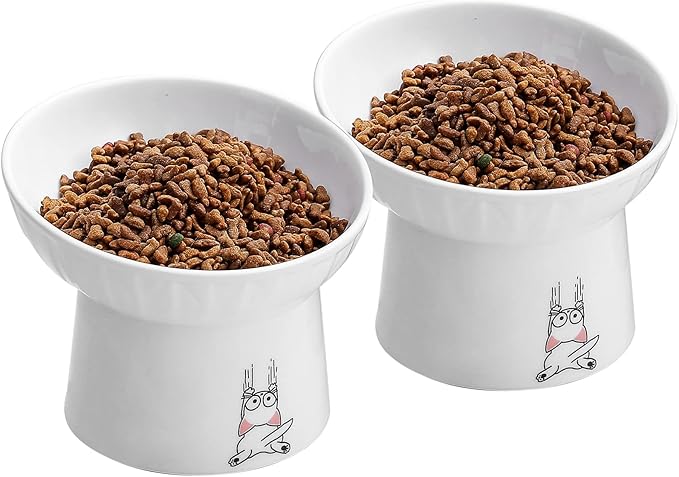 OMAYKEY 6.5 Inch Extra Wide Ceramic Raised Cat Bowls, Porcelain Tilted Elevated Cat Food Water Bowl Dish, Stress Free Pet Feeder Bowls Dishes for Elder Big Cats & Small Dogs, White - 2 Pack