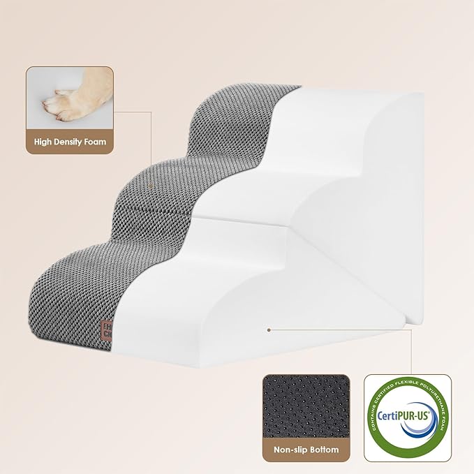 EHEYCIGA Curved Foldable Dog Stairs Ramp for Small Dogs 16" H, 3-Step Dog Steps for Couch Sofa and Chair, Pet Stairs for Cats, Non-Slip Balanced Pet Steps Indoor, Grey