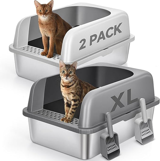 2 Pack Stainless Steel Cat Litter Box with Lid, XL Extra Large Metal Box for Big Cats, 24" L x 16" W x 12" H, Enclosed Litter Box High Sided, Non-Sticky, Include Litter Scoop
