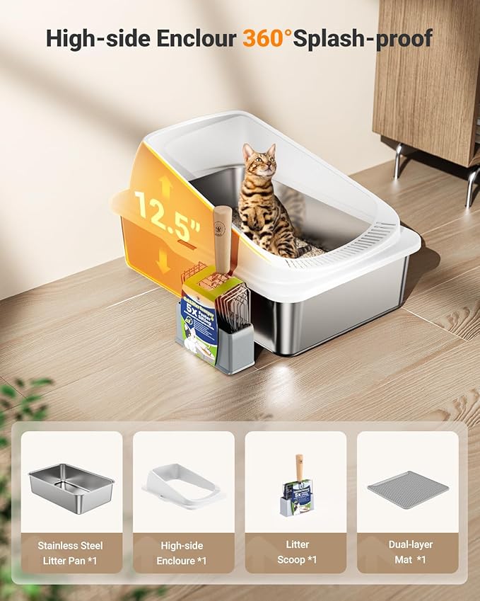 Stainless Steel Cat Litter Box with Scoop, Metal Litter Box High Sided, Cat Litter Box Enclosure, XL Extra Large High-Sided Litter Boxs (Anti-Urine Leakage, Include Scoop) (Black&White)