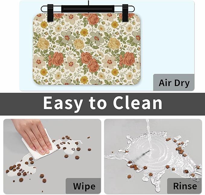 Delicate Floral Dog Food Mat Absorbent Bowl Mats No Stains Quick Dry Waterproof Pet Cat Placemats for Food and Water, 30x45cm