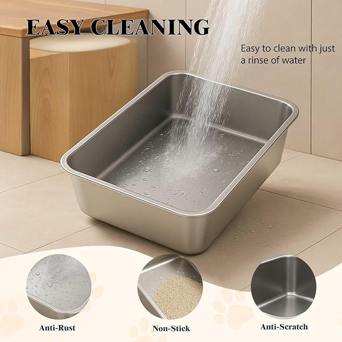 FELIO Stainless Steel Cat Litter Box - Medium Metal High Side Cats Pan, 19.4" L×13.5" W×5.9" H, Splash-Proof and Non-Stick Cat Poop Box odorless, Easy to Clean for Big Cats, Rabbit, Dog, Ferret