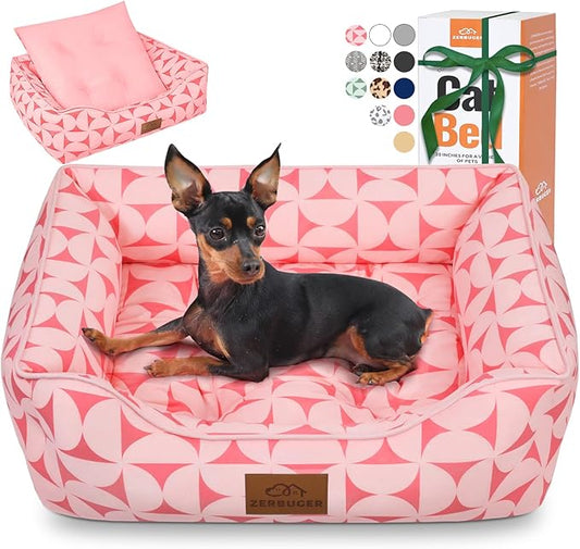 Rectangle Cat Dog Bed for Large Medium Small Pets Indoor Outdoor Machine Washable Sleeping Sofa Non-Slip Bottom Soft Puppy Bed Durable Orthopedic Calming Pet Cuddler (Medium, Pink Pattern)
