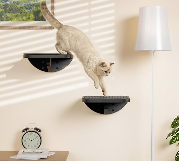 Cat Wall Shelves for Large Cats Set, Grey Curved Wall Sisal Bed and 2 Floating Wall Sisal Steps, Wall Mounted Climbing Shelves for Sleeping, Playing, and Lounging