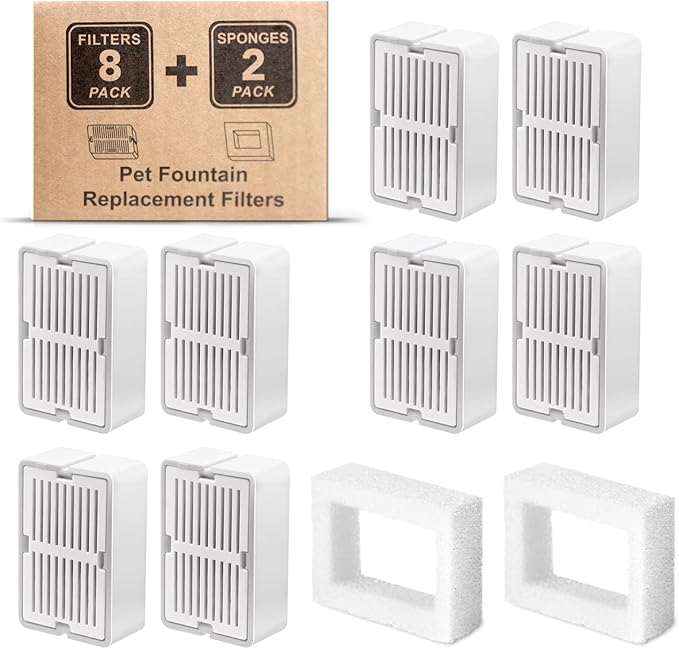 Cat Water Fountain Filters, 8 Carbon Filters& 2 Foams Filters with Holders, Pet Water Fountain Filters