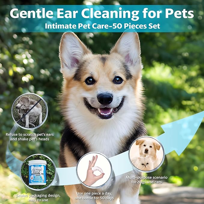 OBSEDE Extra Large 1.73" Dog Ear Wipes & Cat Ear Cleaner – Wider Finger Wipes for Quicker Easier Cleaning Soothes Itch Controls Odor Reduce Wax Regular Grooming Gentle Coconut Scent, 50 Count