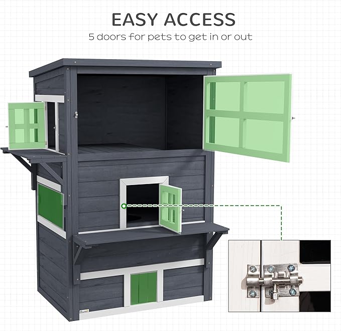 PawHut 3-Story Cat House Feral Cat Shelter, Outdoor Kitten Condo with Raised Floor, Asphalt Roof, Escape Doors, Jumping Platforms, Dark Gray