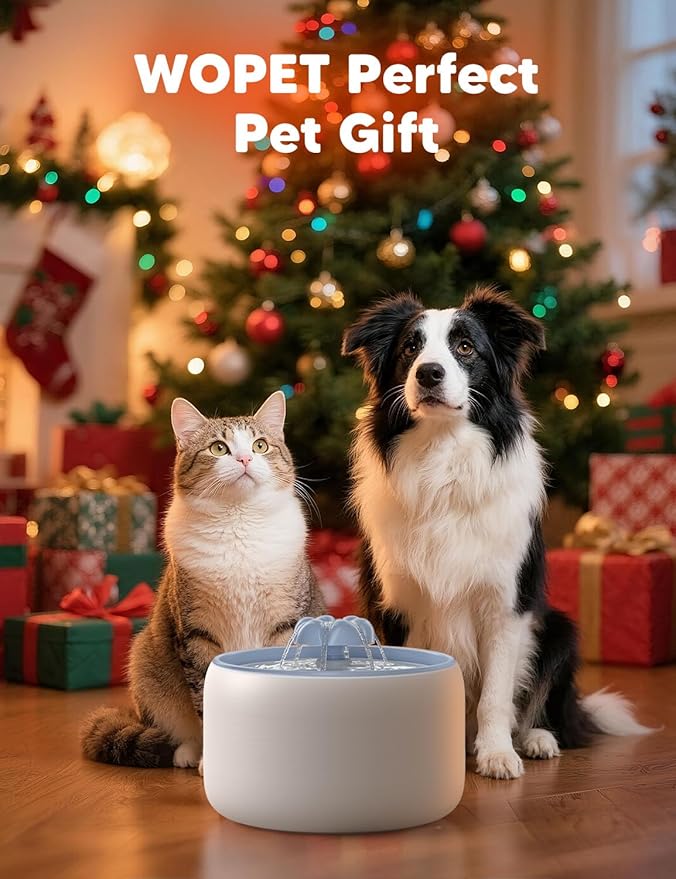 WOPET Ceramic Cat Water Fountain W03 Lite,3L/101oz Ceramic Pet Fountain,Automatic Water Fountain for Cats & Dogs, Fashion Cat Fountain with Ultra-Quiet Pump and Filter & Sponge White Blue