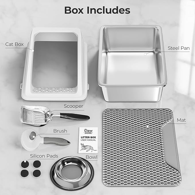 XL Stainless Steel Litter Box with Lid for Big Cats - Prevents Odor & Stains - Leak-Proof, Rust-Free & Non-Stick - Extra Large Cat Litter Box Stainless Steel with Scooper, Brush, Bowl & Mat Included