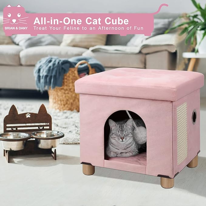 BRIAN & DANY Cat House for Indoor Cats, Cat Cave Bed for Pet, Cat Cube with Cat Scratch Board & Cat Ball, 14.7" x 14.1” x 12.7”, Pink