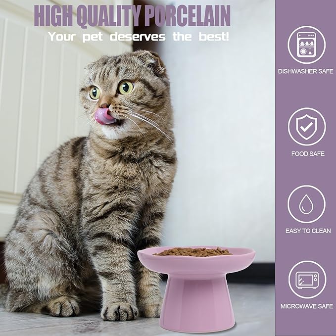 Wide Shallow 6.1" Raised Cat Bowls, Ceramic Elevated Food Plate for Flat Faced Cats and Small Dogs, Porcelain Feeder Bowl, Stress Free, Protect Cat’s Spine, Lavender