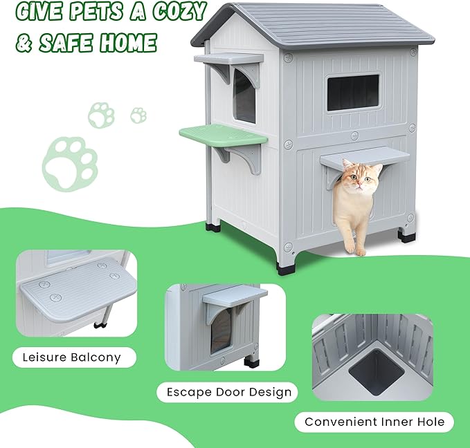 Plastic Outdoor Indoor Cat House with Insulated Liner, 100% Insulated Outdoor Cat Houses for Winter, Waterproof Feral Cat Shelter, Assemble Easily-White