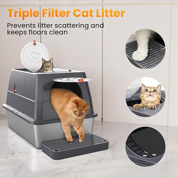 Stainless Steel Litter Box with Lid, 135° Flip-Top Extra Large Cat Litter Pan, Enclosed Metal Litter Box with Litter Scoop & Filter Pedal, Odor Free, Front & Top Dual Entry