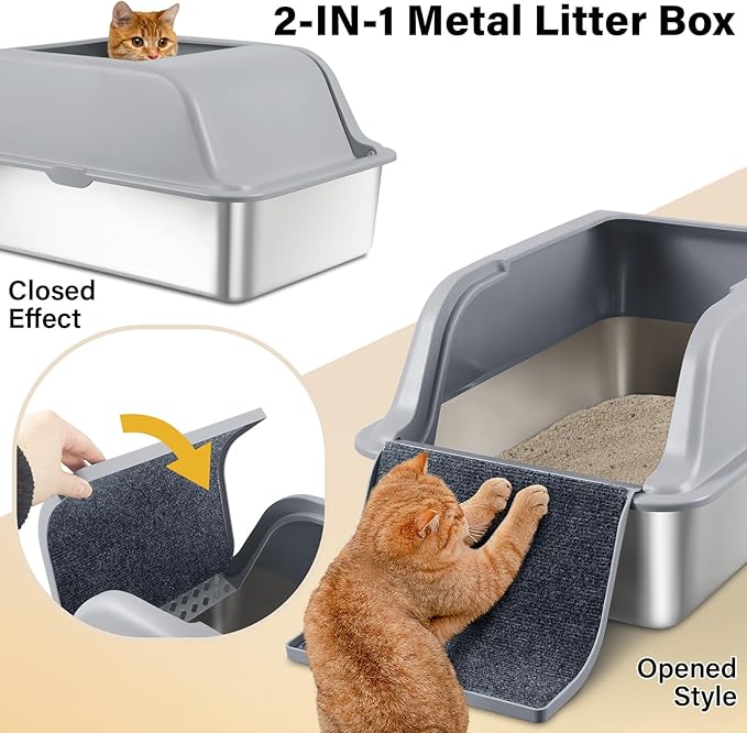 XL Stainless Steel Litter Box with Lid, 24"x16"x12" Extra Large Cat Litter Box High Sides with Ladder, Anti-Urine Leakage Metal Litterbox for Senior Elderly Cats, Never Absorbs Odors, Non-Stick