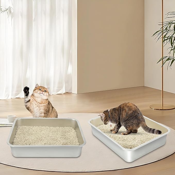 Rypet 2 Packs Stainless Steel Litter Box Metal Litter Box for Cats High Back Litter Boxes Non-Stick Cat Poop Box,Easy to Clean(17.7"*13.8"*3.9")