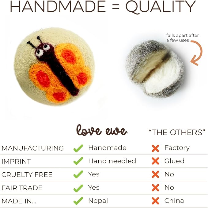 Wool Felt Balls 3 Pack Love Ewe Pet Supplies - 2 in Felted Wool Cat Toys 100% New Zealand Wools Felt Cat Toys Handmade Wools Felts Balls - Cats Felts Ball, Colorful Ball - Dragonfly and Butterfly