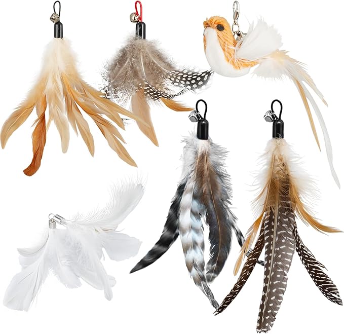 ROSAUI Cat Toy Refill Set – 6 Replacement Attachments for Teaser Wands, Includes 5 Feather Heads & 1 Lifelike Bird, Bell-Equipped, Interactive Accessories for Indoor Cats
