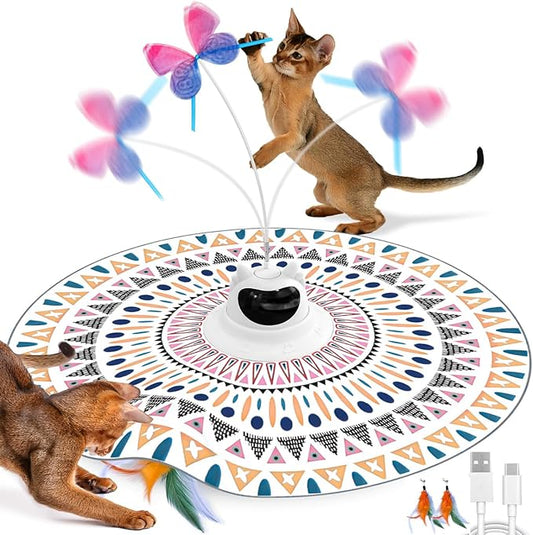 Cat Toys Interactive 2-in-1 Rechargeable Unpredicatable Moving Feather Cat Wand Teaser Hide and Seek, Spinning Butterfly, Kitten Toys for Indoor Cats Exercise