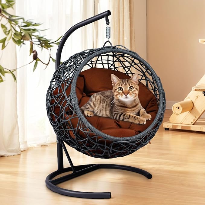 KEIKI Cat Hammock with Stand - Rattan Wicker Swing Bed, Cozy Egg Chair for Cats & Small Dogs, Brown Cushion Included