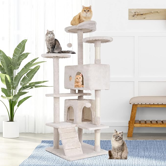 BestPet 54in Multi-Level Cat Tree Tower Furniture Activity Center with Scratching Posts, Toys and Condo for Indoor Kittens, Beige