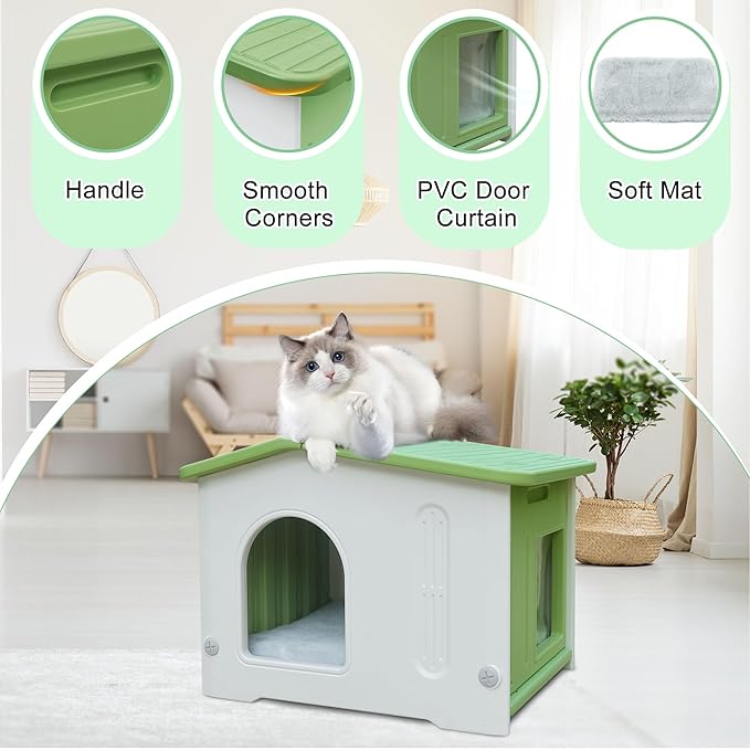 Weatherproof Cat House for Outdoor Indoor Use, Plastic Feral Cat House with Escape Door and Soft Mat, Outside Cat Shelter for Small Pet, Spacious, Assemble Easily - Green
