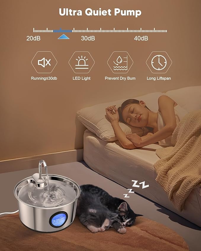 Cat Water Fountain Stainless Steel - 108oz/3.2L Automatic Cat Water Fountain for Drinking with 3PCS Filters, Metal Pet Water Fountain Water Dispenser for Cats, Dogs, Multiple Pets