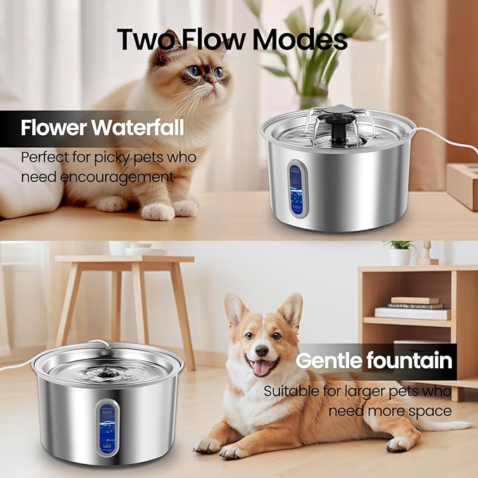 3L/101oz Stainless Steel Cat Water Fountain for Indoor Use - Ultra Quiet Automatic, BPA-Free LED Window for Cats/Small Dogs (Silver+2 Filters+2 Sponges, Large)