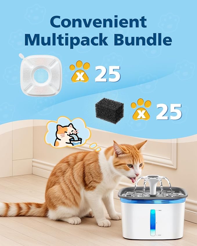 50 Pcs Cat Water Fountain Filters for Veken 95oz/2.8L, 67oz, 85oz, 135oz Dog Water Fountain Automatic Pet Fountain Dog Water Dispenser 25Pcs Pet Fountain Filter Replacement & 25Pcs Pre-Filter Sponges
