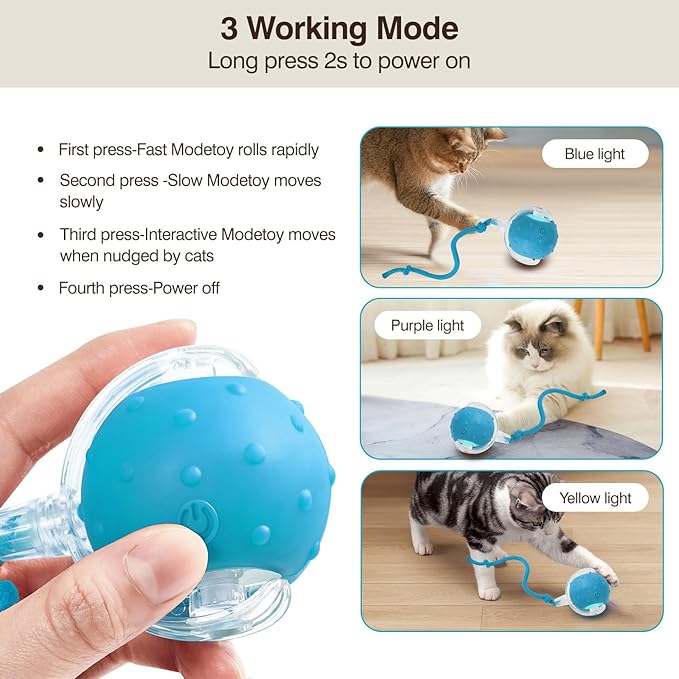 Electric Interactive Cat Toy Ball - Automatic Rolling Silicone Cat Toys for Indoor Cats, Durable Chew-Proof Motorized Kitty Ball with LED Light, Fun Exercise Toys for Bored Kittens(Blue)