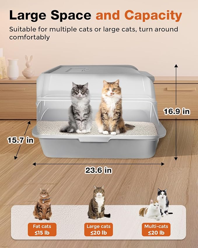 Stainless Steel Litter Box with Lid - Extra Large Cat Litter Boxes for Big Cats with Mat & Scoop - Anti-Leakage, Odor-Proof, High-Sided, Non-Stick& Easy to Clean - Ideal for Multi-Cat Homes - Gray