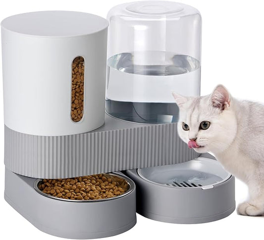 Automatic Dog Cat Water Dispenser Gravity Feeder and Water Dispenser Stainless Steel 2-in-1 Set Large Capacity Dispenser for Pets Dogs, Puppies, Kittens(Grey)