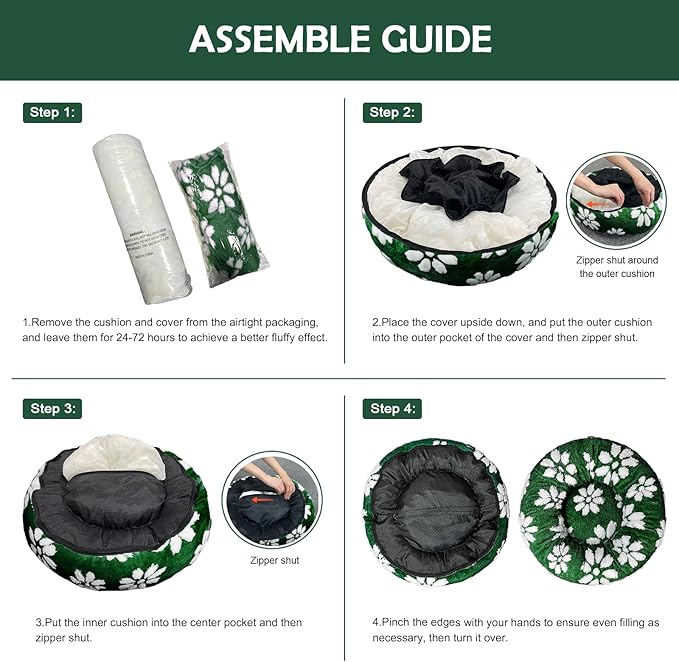 Donut Dog Beds for Small Dogs, Calming Round Cat Beds for Indoor Cats, Cute 3D Textured Flower Pet Bed with Removable Washable Cover and Anti-Slip Bottom(Green,23")