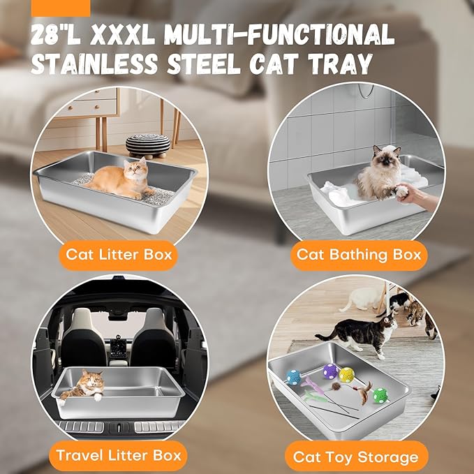 Homegroove Extra Large Stainless Steel Litter Box, 28"x20"x6" XXXL Metal Cat Litter Box for Big Cats with High Sides, Cat Litter Pan for Multiple Animal, Anti-Urine Leakage, Easy Clean (28x20x6 inch)