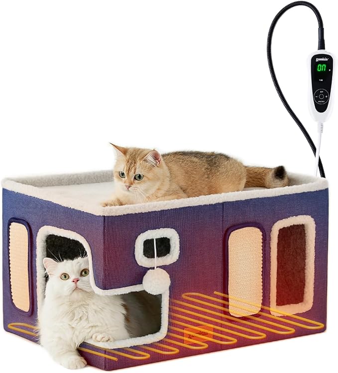 Heated Cat House for Indoor Cats - Large Cat Warming Bed for Winter with Fluffy Ball Hanging and Adjustable Heating Pad, Foldable Cat Hideaway,23x16.5x13 inches, Navy Blue