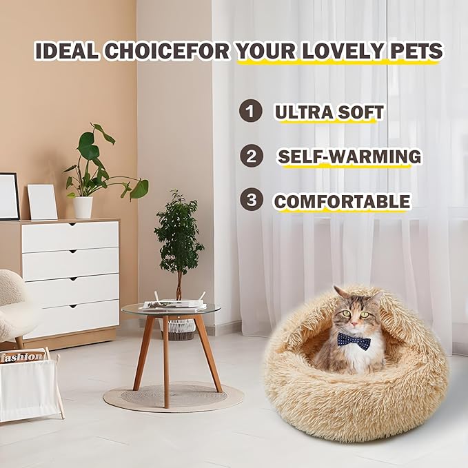 Cat Bed for Indoor Cats, Calming Cozy Cave with Self-Warming Plush, Entire Bed Machine Washable & Anti-Slip Base, Breathable Pet Bed for Small Cats&Dogs All Seasons (Apricot Color, 24 * 24inch)