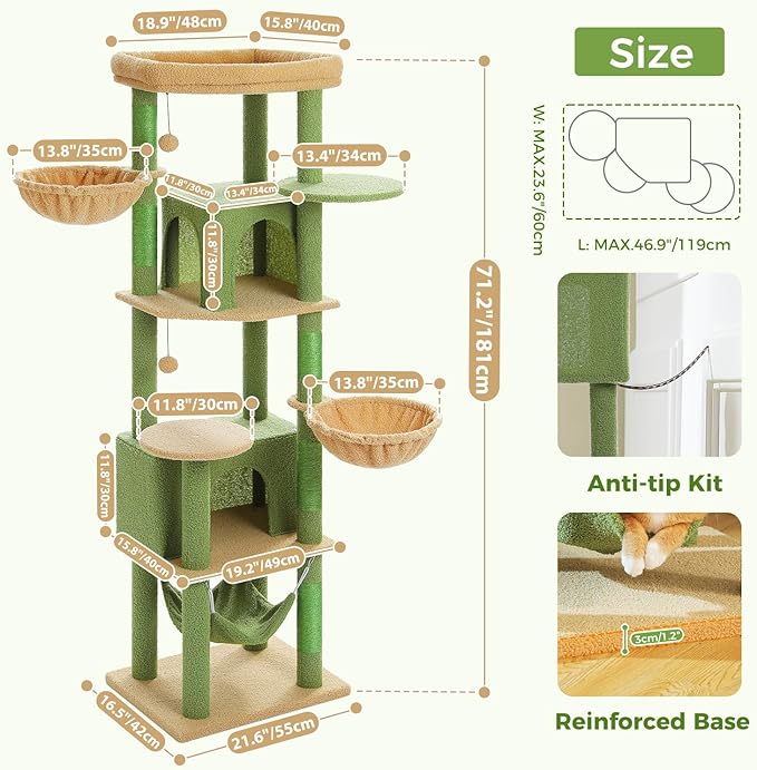 PAWZ Road Tall Cat Tower, 70 Inch Cat Tree with Hammock, 5 Scratching Posts, 2 Condos and a Large Top Perches for Large Cats-Cactus Green