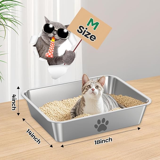 Stainless Steel Cat Litter Box,Metal Kitten Litter Pan, High Side Cats Toilet Indoor Litter Tray Pet Toilet Supplies for Cats, Kitty,Rabbits, Easy Clean, Non Stick Litter Box, No Smell