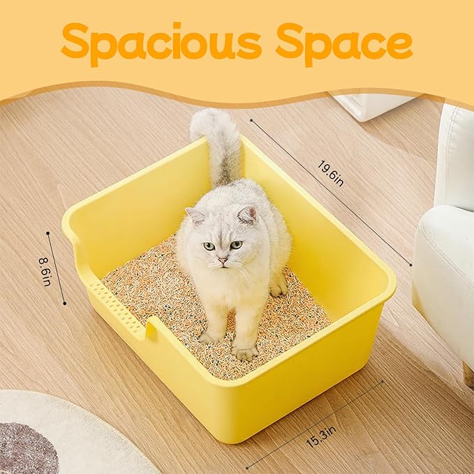 Large Cat Litter Box with High Sides,Cat Litter Pan with Low Entry,Cat Box for Indoor Kittens & Senior Cats,Anti-Splashing,Waterproof,Easy to Clean,Durable (White)