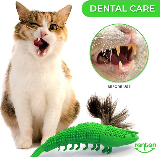 Ronton Catnip Toy - Durable Hard Rubber - Cat Dental Care, Cat Interactive Toothbrush Chew Toy (2 Pack Green & Blue (Shrimp))