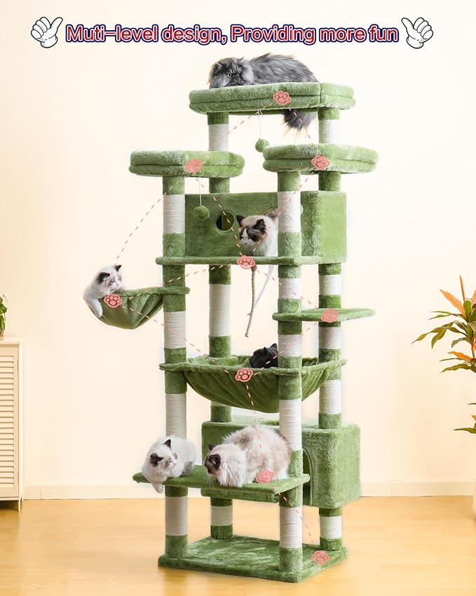 Cat Tree for Indoor Cats Large Adult, 74" Cat Tower with 3 Big Platforms, 2 Baskets, 2 Condos, Multi-Level Cat Scratching Posts, Green GCT030GR