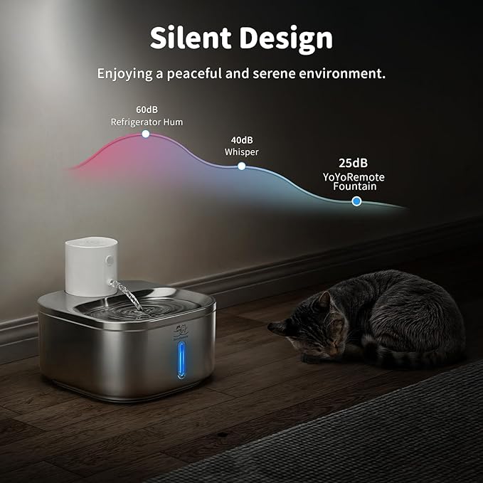 Cordless Cat Water Fountain Stainless Steel: 108 oz/3.2L Water Fountain for Cats Dogs Indoor - Battery Operated Pet Water Fountain Rechargeable - Automatic Cat Water Dispenser with Motion Sensor