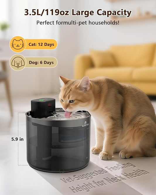 Wireless Cat Water Fountain Stainless Steel, AUPETM Cat Fountain 3.5L Battery Operated Pet Water Fountain for Cats Indoor, Motion Sensor Cat Drinking Fountain with 3 Sets Filter (5000mAh, WF080)