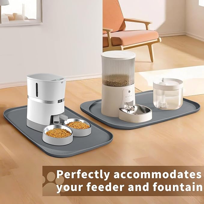 Silicone Pet Feeding Mat with Raised Edge & Residue Collection Pocket for Food and Water, Dog Bowl Mats, Cat Bowls Placemat with High Lip for Floor Waterproof, 19 x 12 x 0.7 Gray